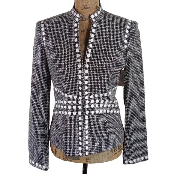 Moda International Jackets & Blazers - MODA International Jacket Blazer Size 6 Black Tweed White Dot Hook Eye Closure